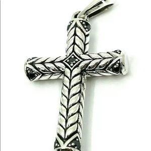 David Yurman Sterling Silver Chevron Cross Pendant Black Pave Diamonds